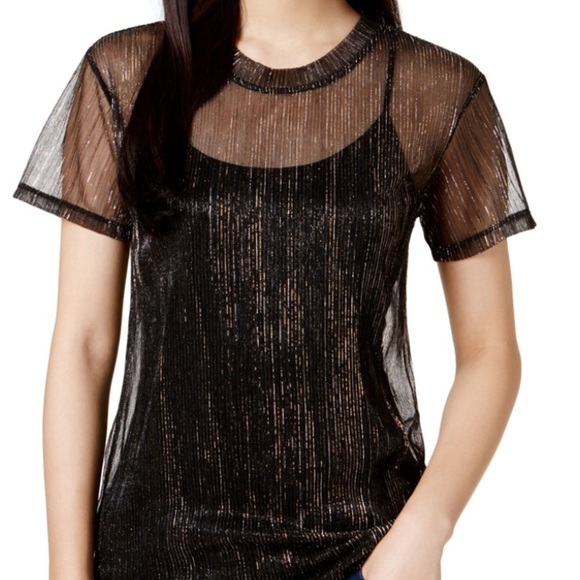 Bar III Sheer Knit Metallic Short Sleeve Crew Neck Blouse - Picture 6 of 9